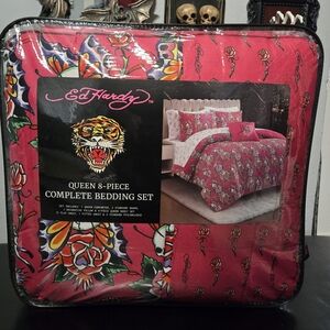 Ed Hardy Pink Tattoo Flash QUEEN 8 Piece Comforter Bedding Set